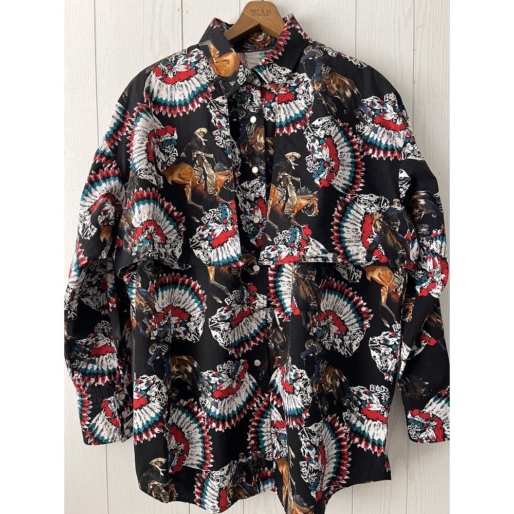 Western Pearl Snap Shirt Native  American Warriors Storm Flap Bull Riding Cowboy